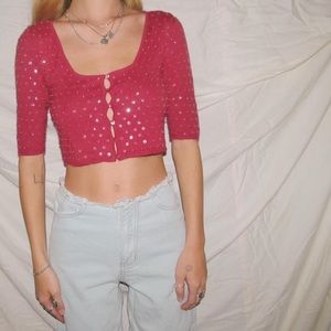 vintage half sleeve hot pink sequin betsey johnson cardigan sweater top